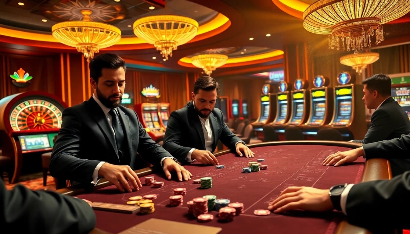Experience high-stakes gambling action at kuwin's luxurious casino tables with vibrant visuals.