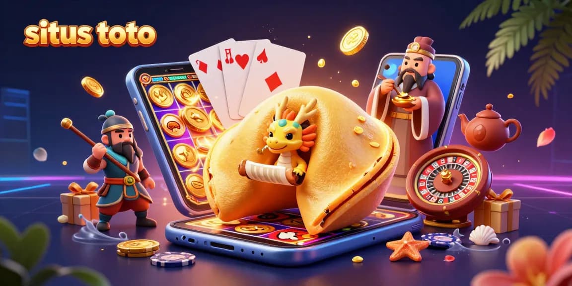 Experience excitement with situs toto featuring a golden cookie, wise dragon, and dynamic casino elements.