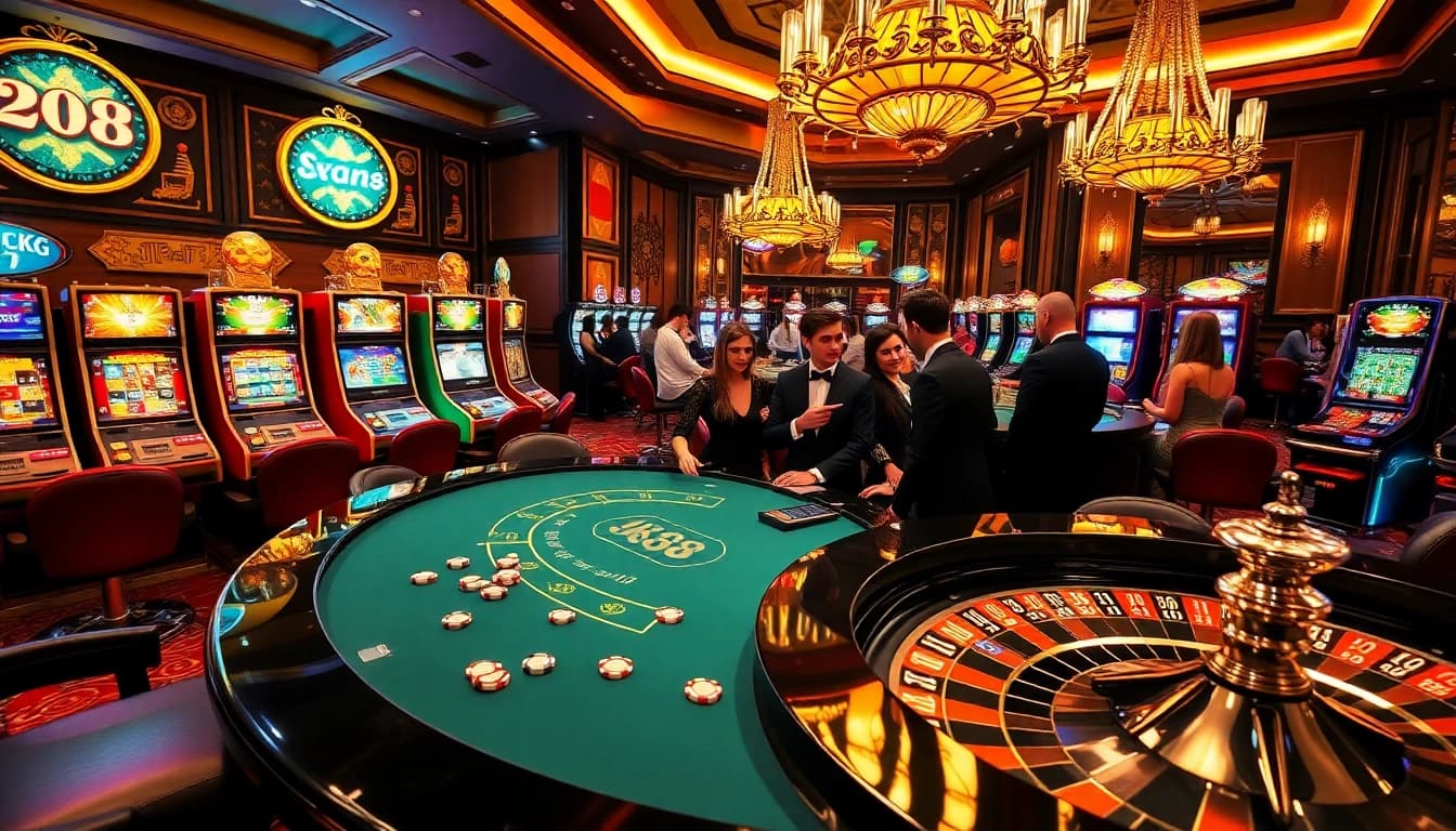 Luxury casino scene with NK88 branding, players at blackjack table, and colorful slot machines.