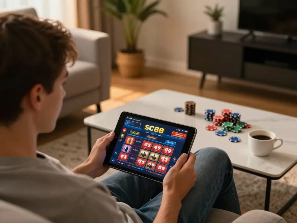 Engaging in online gaming at SC88 from a cozy home environment with a tablet in hand.