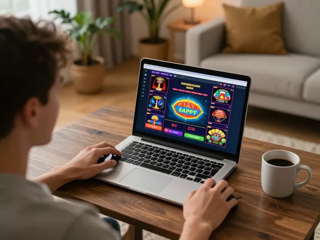 Player enjoying online casino games at home on god55 platform with laptop and coffee.