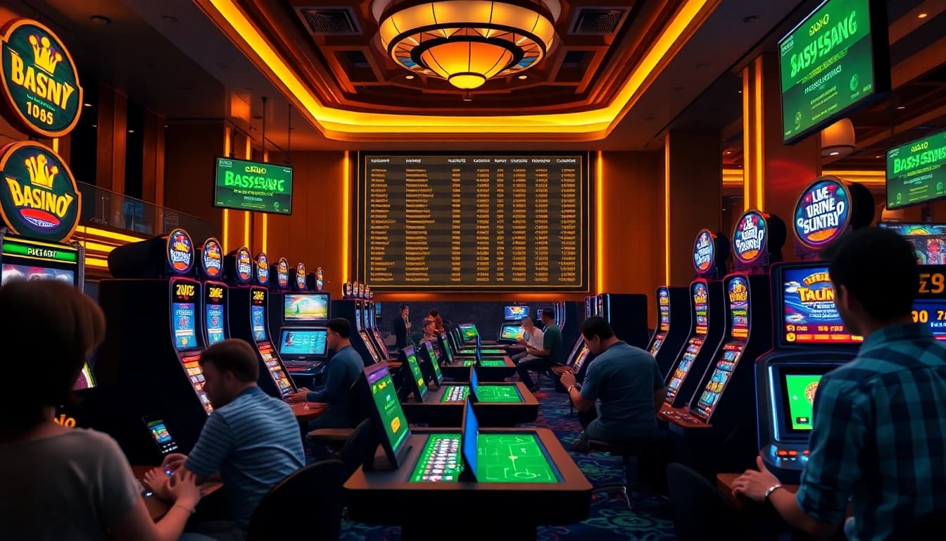Exciting online casino scene showcasing 789bet gaming with players at poker and slot machines.