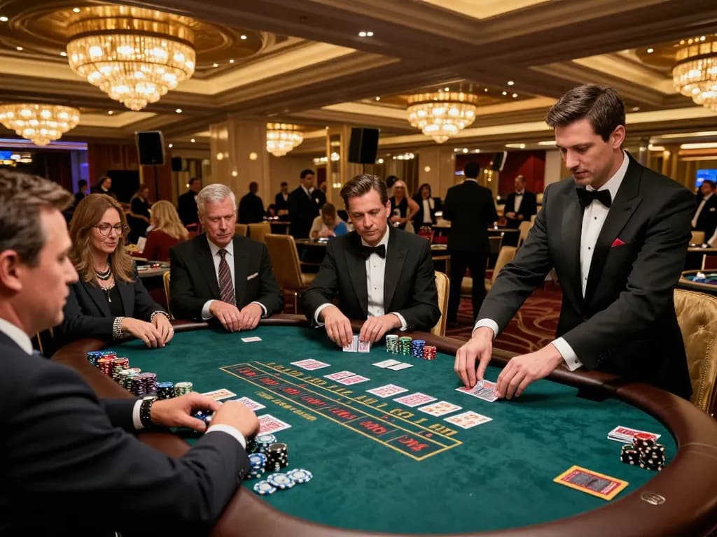 Pemain yang terlibat di meja blackjack KING55 dalam suasana kasino yang mewah membuat keputusan strategis.