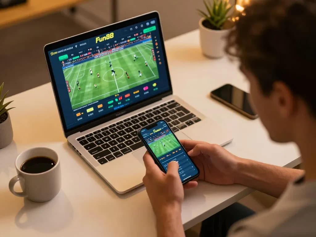 Betting on Fun88 with smartphone and laptop during an exciting sports event from home.