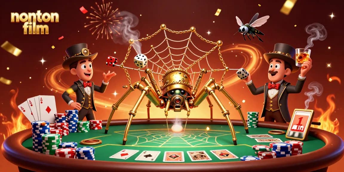 Nonton film vibrant 3D illustration showcases a steampunk spider catching dice in a dazzling poker scene.