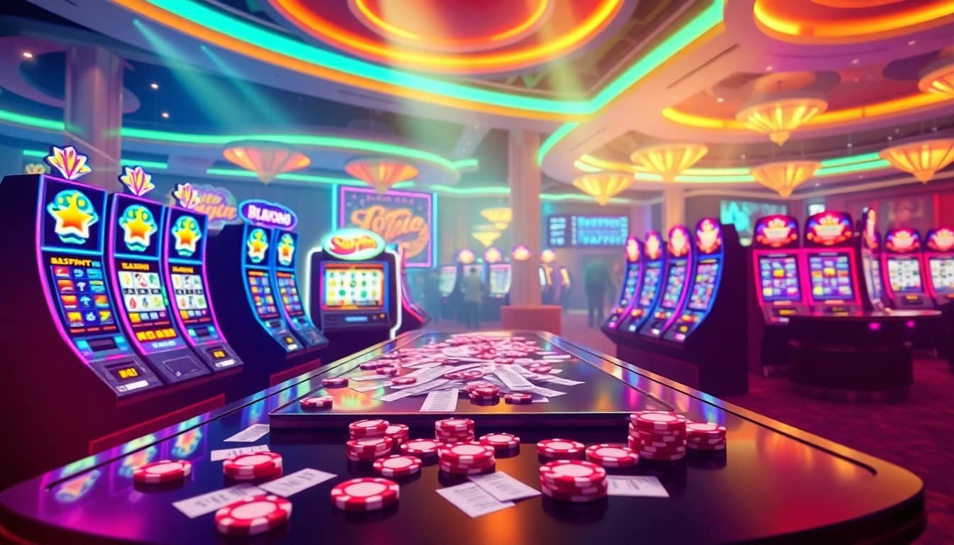 Sebuah adegan yang mendebarkan menggambarkan aman788 slot gacor dengan mesin slot yang cerah dan chip poker, menggoda para penjudi online.