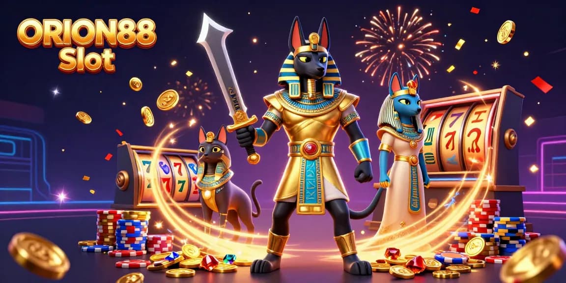 Spin to win big with ORION88 Slot’s vibrant 3D illustration of ancient Egyptian characters and gold riches.