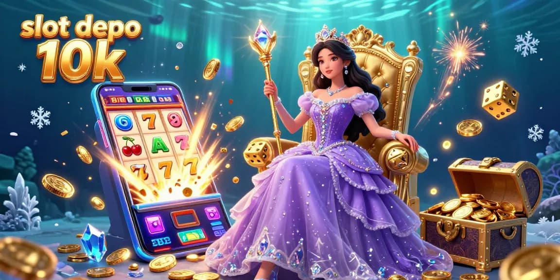 Experience thrilling wins at slot depo 10k with a vibrant, fantasy-themed casino scene showcasing jackpots and slot machines.
