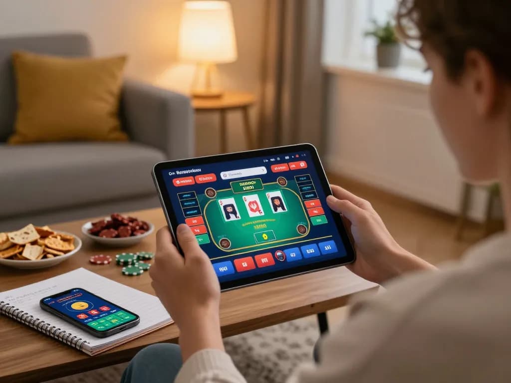 Engaged player exploring non Gamstop casinos on a tablet in a cozy living room setting