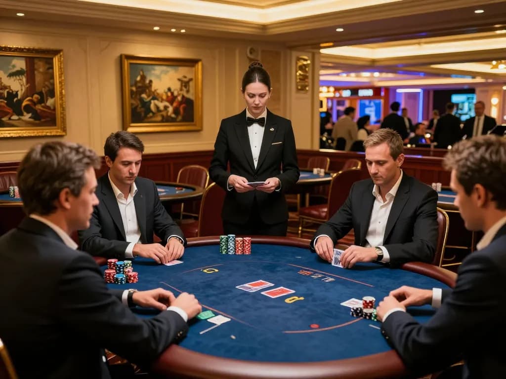 Pemain Kiu77 di ruang poker mewah terlibat dalam permainan taruhan tinggi, menunjukkan intensitas dan kegembiraan.