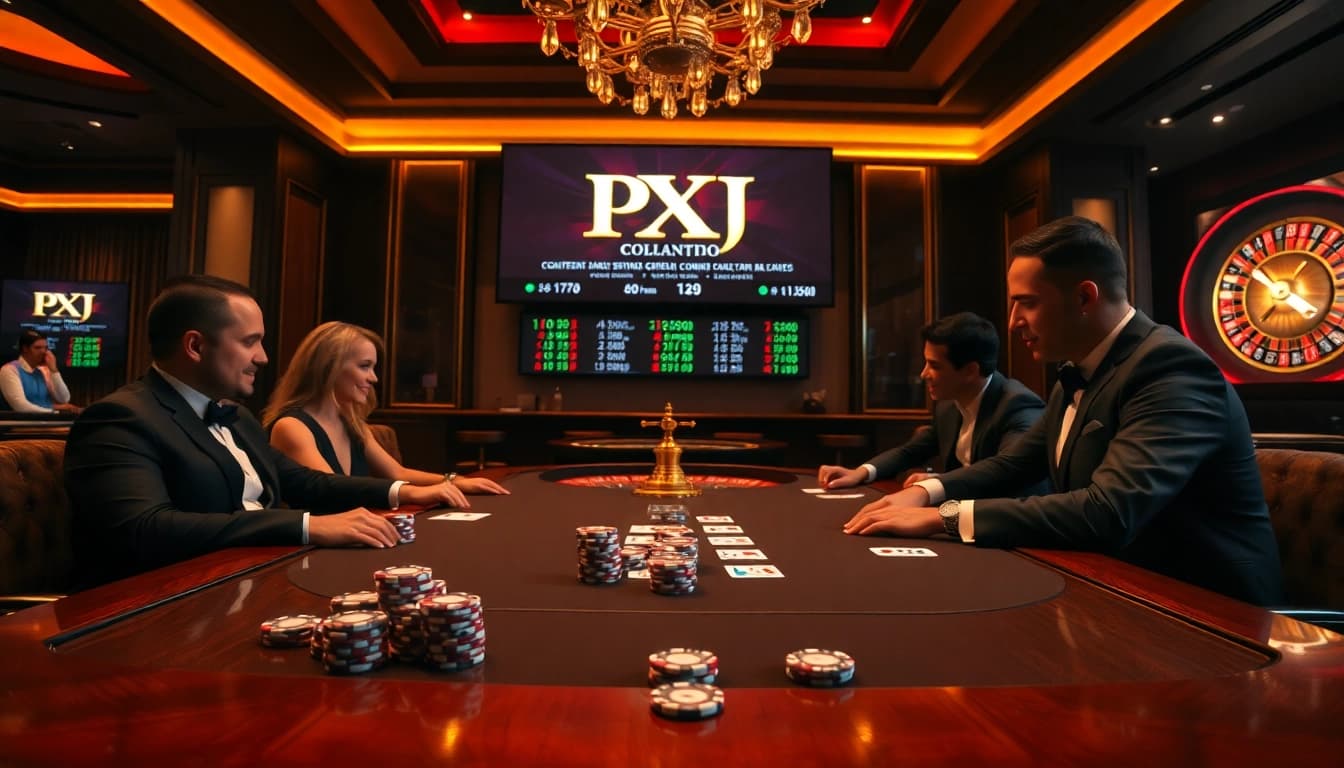 Engaged players at a professional gambling table showcasing PXJ themed poker chips and cards.