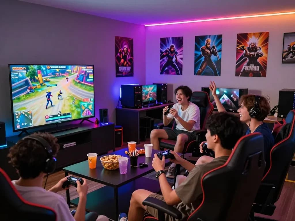 Dynamic gaming session with friends showcasing mpi2121 experience in vibrant urban setting.