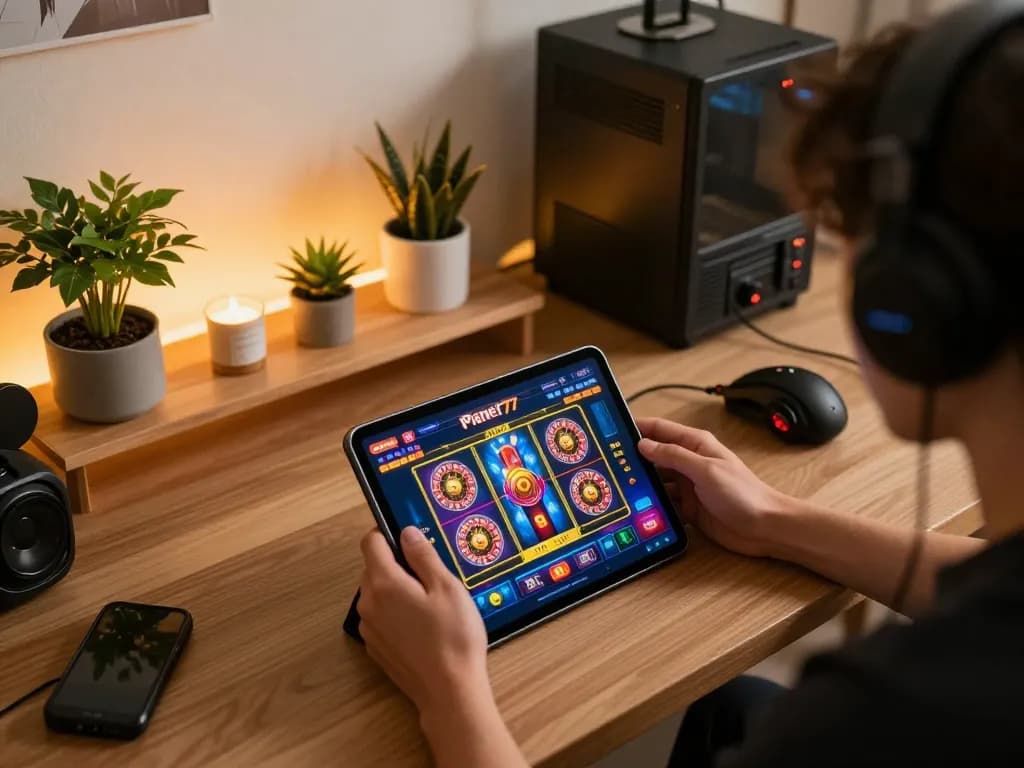 Rasakan keseruan bermain game online di Planet77 dengan seorang pemain yang terlibat dalam aksi slot di tablet.