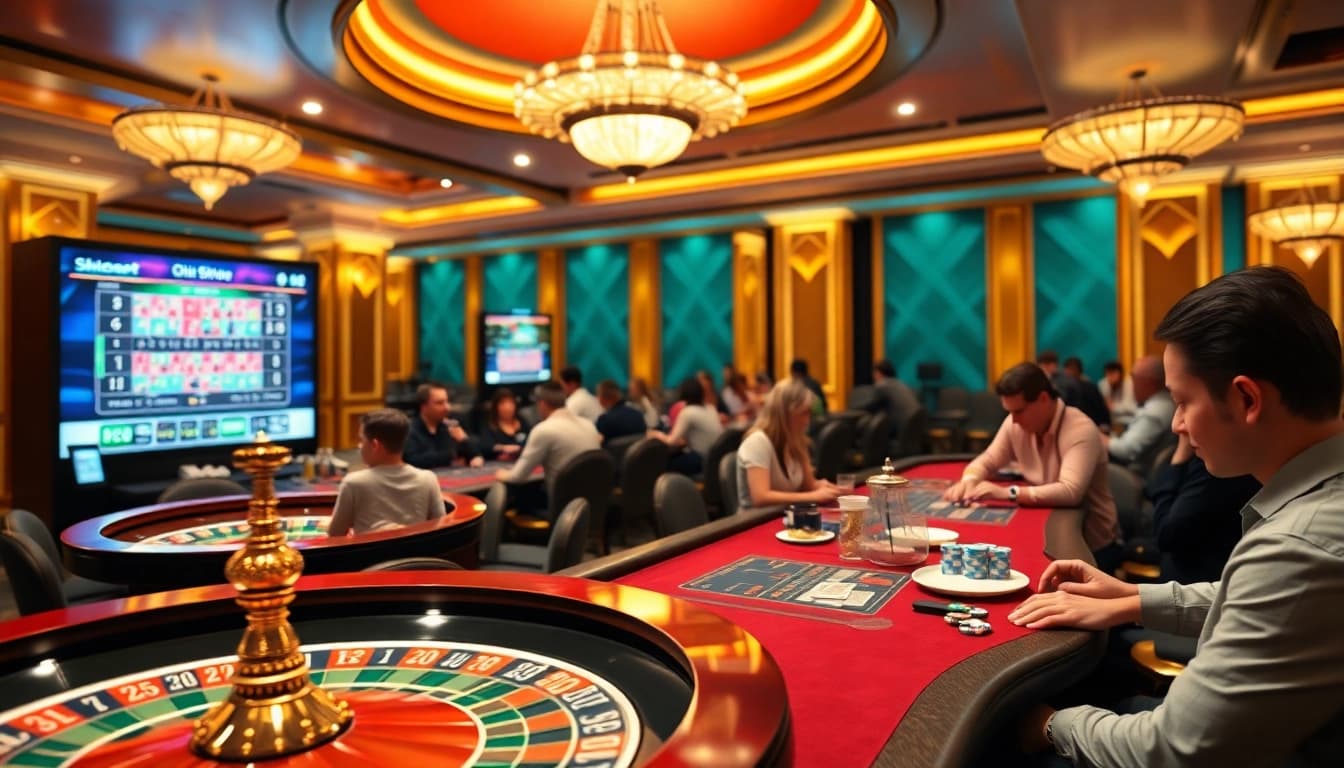 Experience the excitement of shbet with vibrant casino tables filled with players and games.