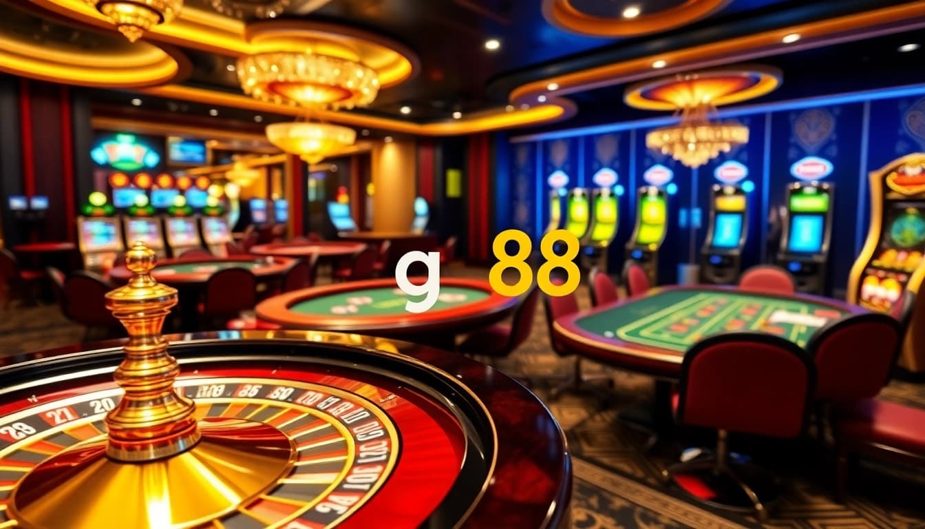 Experience the excitement of pg88 with vibrant casino elements such as roulette wheels and poker tables.