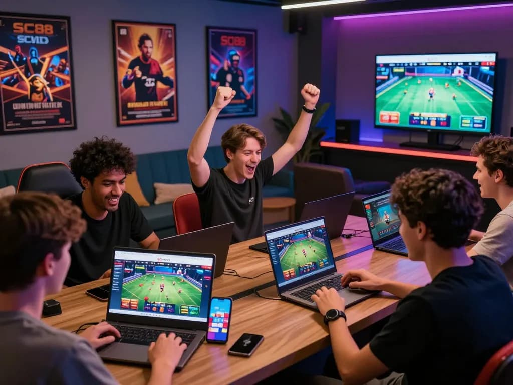 Friends enjoying SC88 online gaming experience, celebrating wins in a vibrant lounge atmosphere.