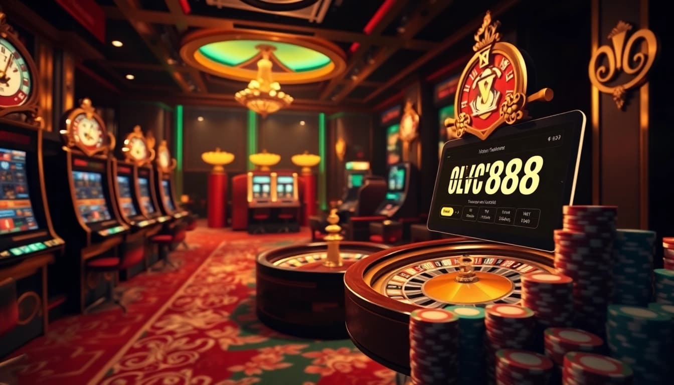 Experience the thrill of OLYMPUS88 with vibrant gaming visuals from slot machines and poker tables.