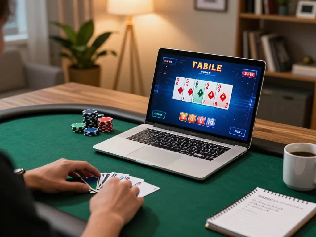 Player enjoying an online poker game using 99Win platform with vibrant display and cozy home setup.