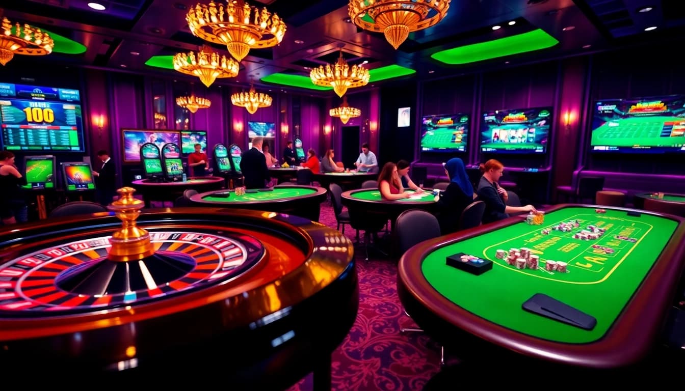 Engaging players at a luxury casino table representing https://thabet1.net/ showcasing vibrant poker chips and roulette.