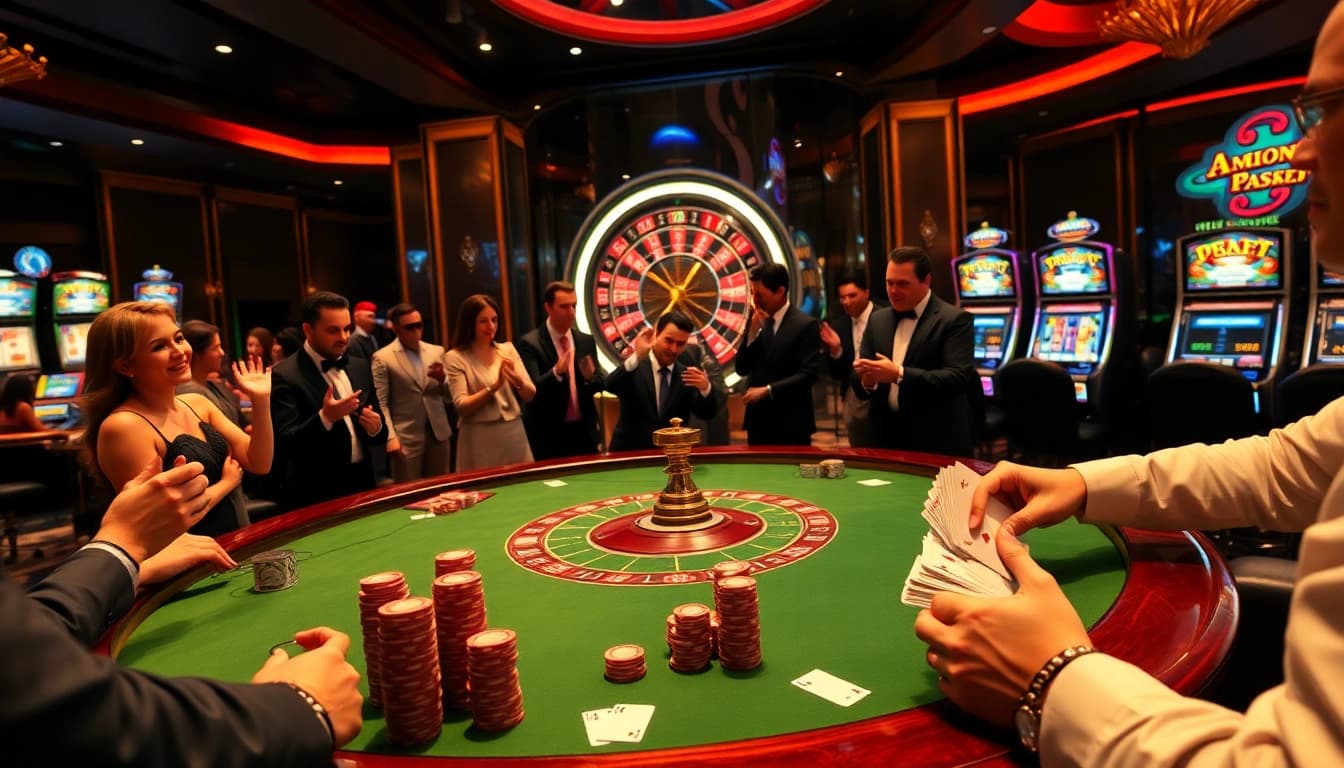 SODO CASINO players enjoying an engaging poker game at a luxurious table with colorful chips.