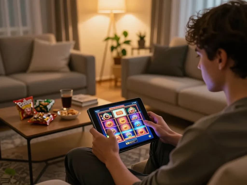 Engaged player enjoying Tr88 slot games on a tablet in a cozy home setting