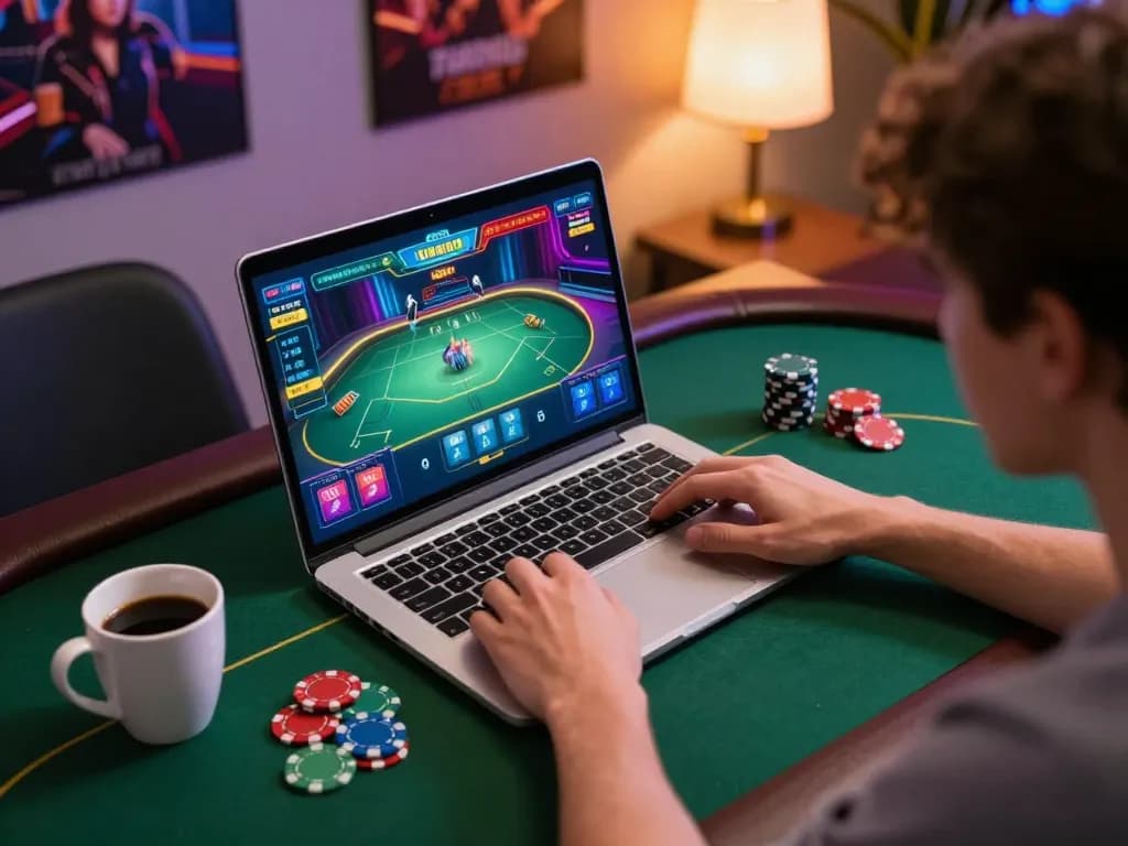 Player strategizing KJC poker game on laptop in cozy home environment with coffee and poker chips.