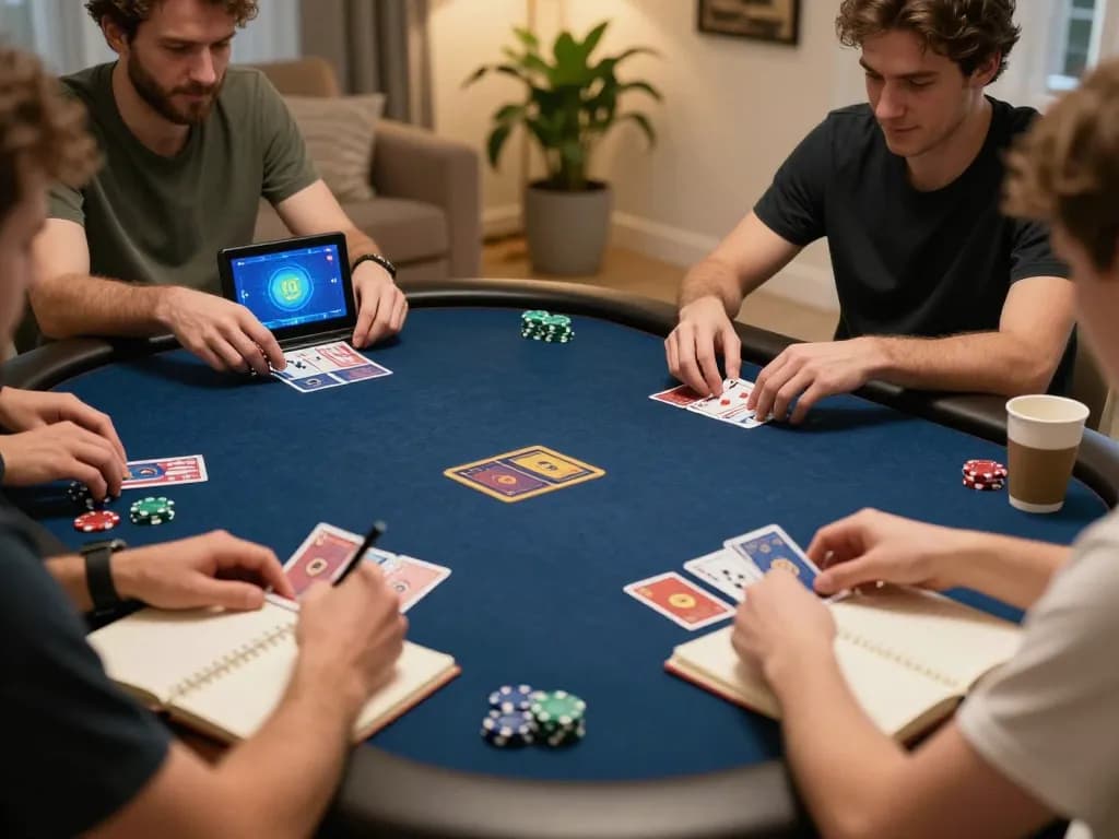 Players engaging in online poker at https://rr888.shopping/, analyzing strategies, cozy home atmosphere