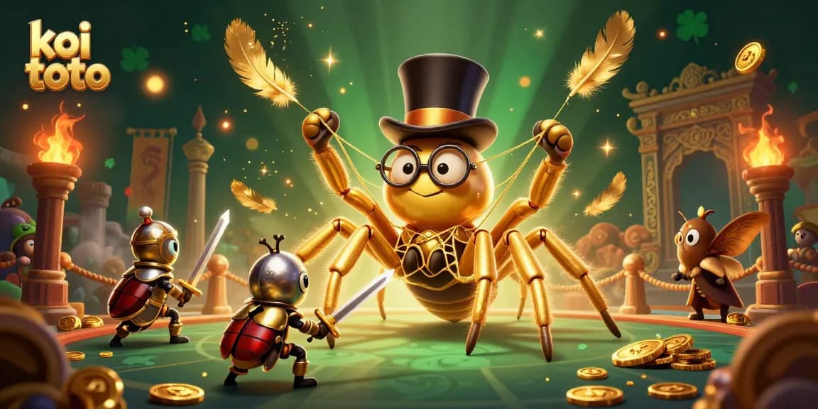 Engage with koi toto as a golden tarantula weaves a web between casino pillars in this dynamic illustration.