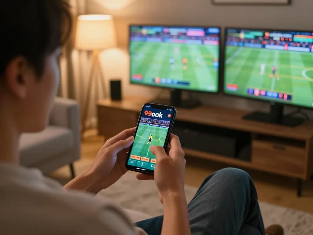 Engaging with 99ok app for strategic sports betting in a cozy home setup.