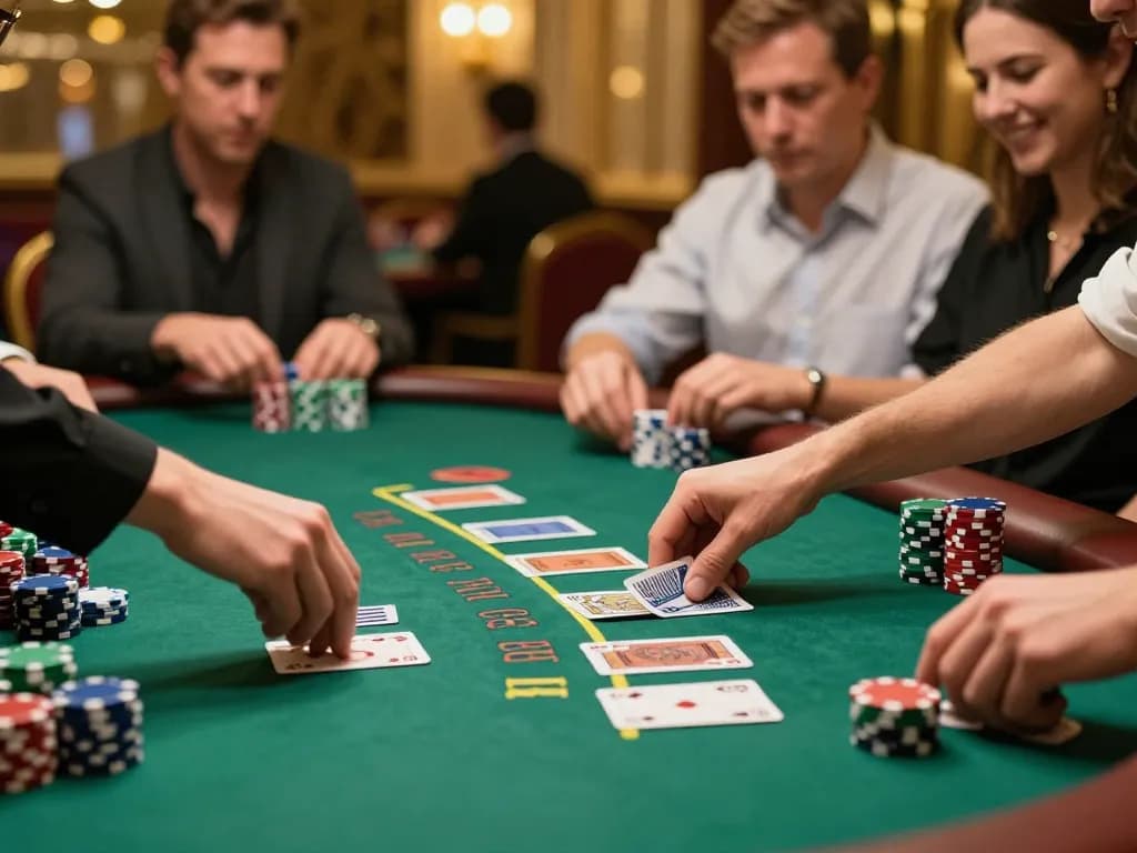 Strategi pemain AJAIBTOTO di meja blackjack dengan kartu dealer dalam suasana kasino mewah.