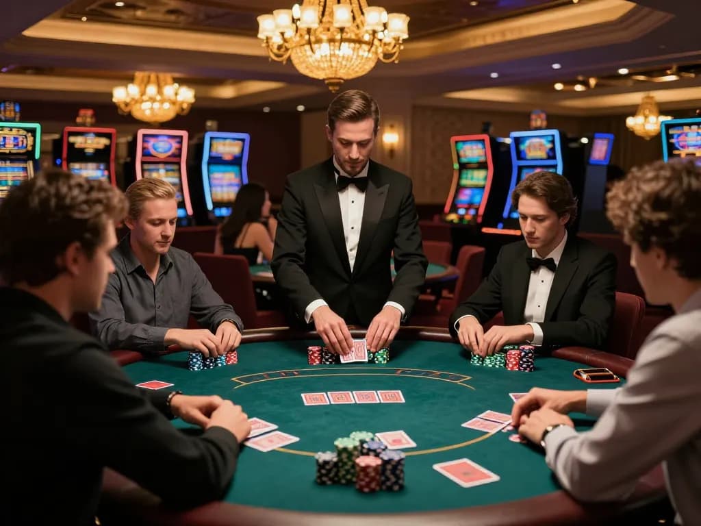 Transcrime poker players engaged in high-stakes gameplay at an elegant casino table.