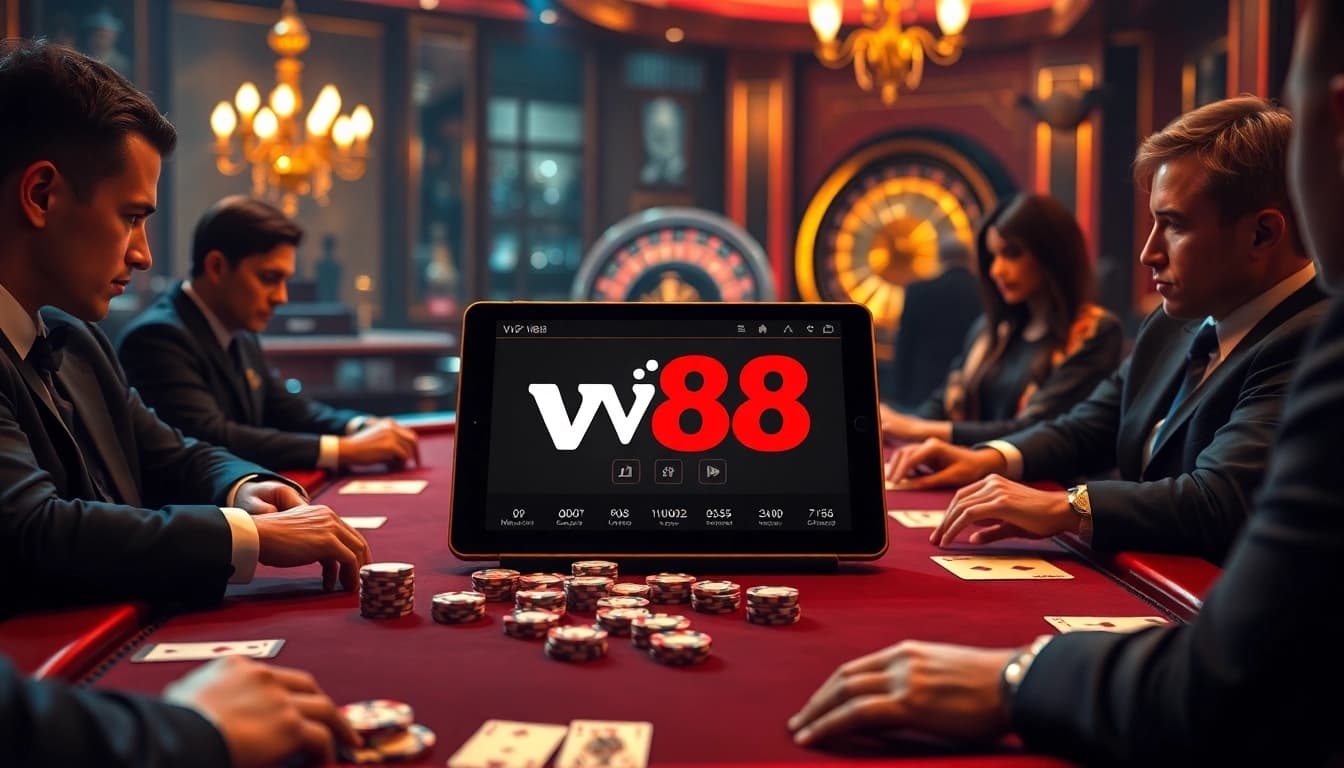 Players enjoying poker at a luxurious casino table, showcasing vn88 gaming excitement.