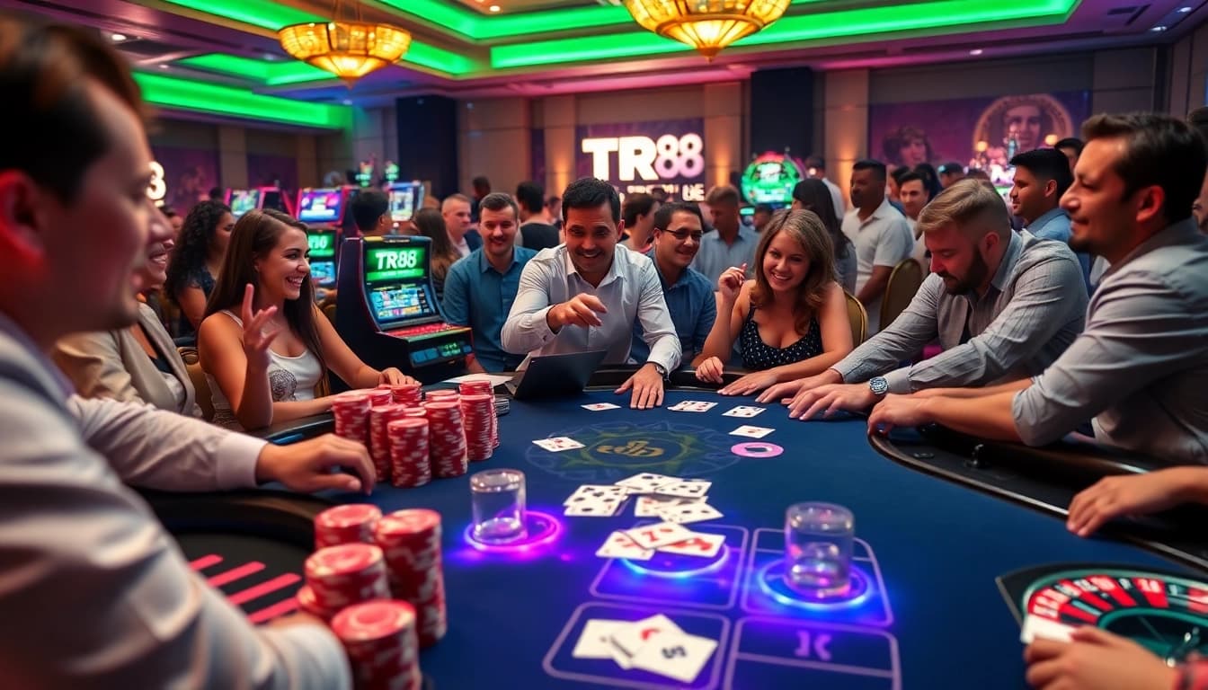 Experience the excitement of TR88 online gambling with vibrant poker chips and a roulette wheel.