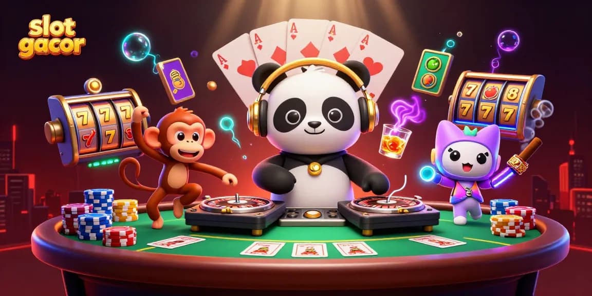 Experience the fun of slot gacor with a DJ panda and vibrant casino backdrop.