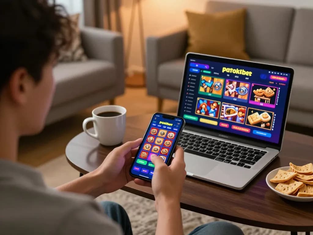 Engaging gameplay on patokbet slot using a smartphone in a cozy home setting.