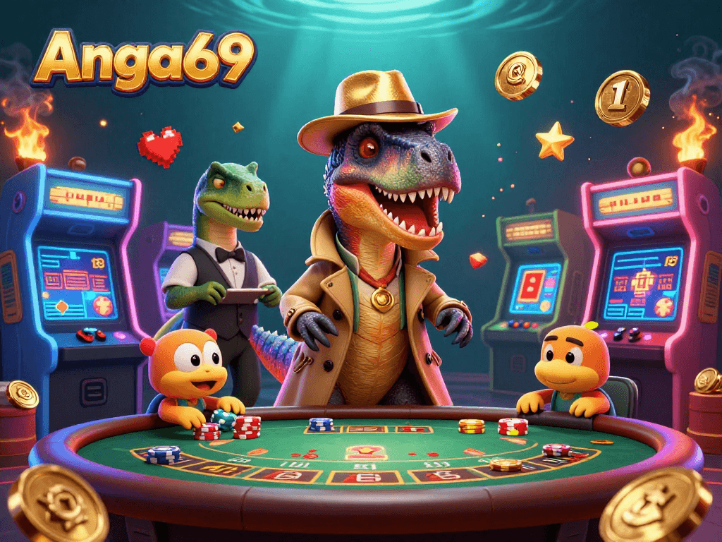Experience thrilling gameplay at Angka69 with playful characters at a vibrant casino setting