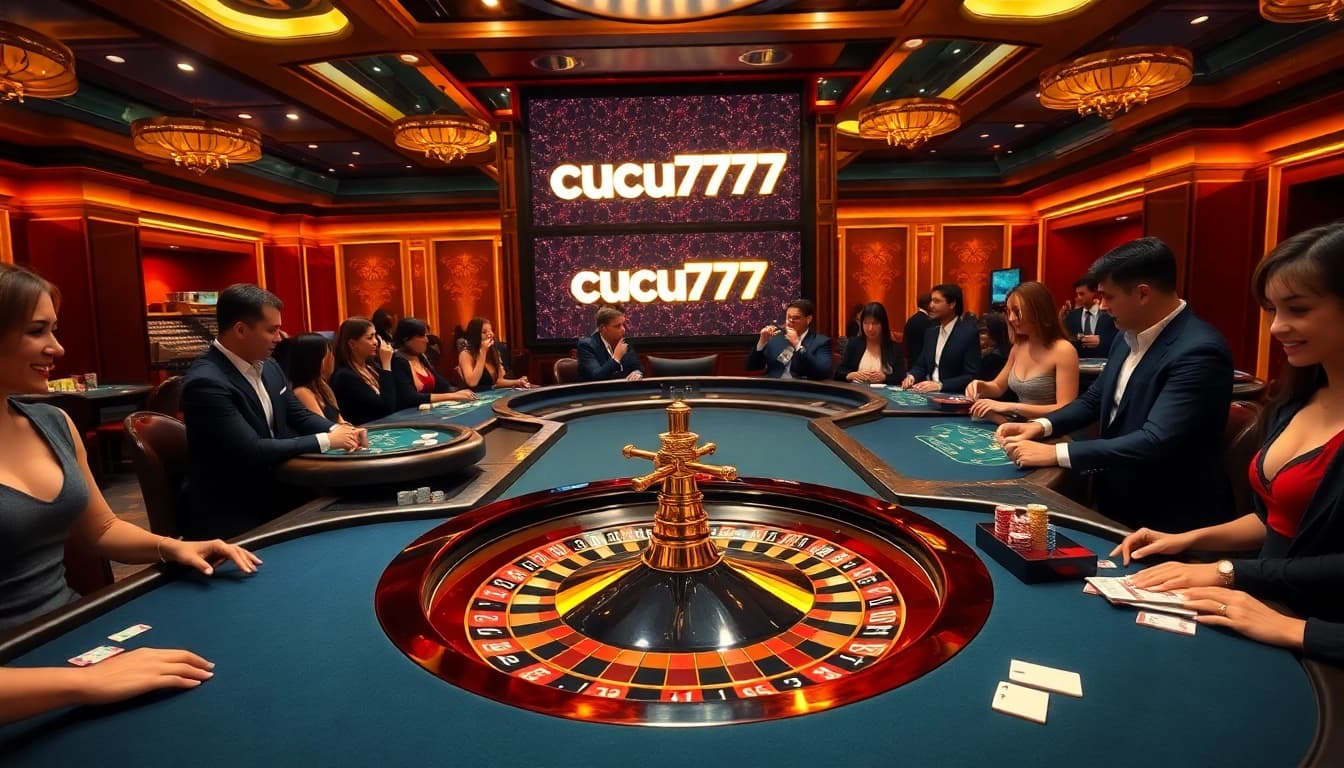 Experience the thrill of cucu777 at a high-stakes casino with poker tables and vibrant players.