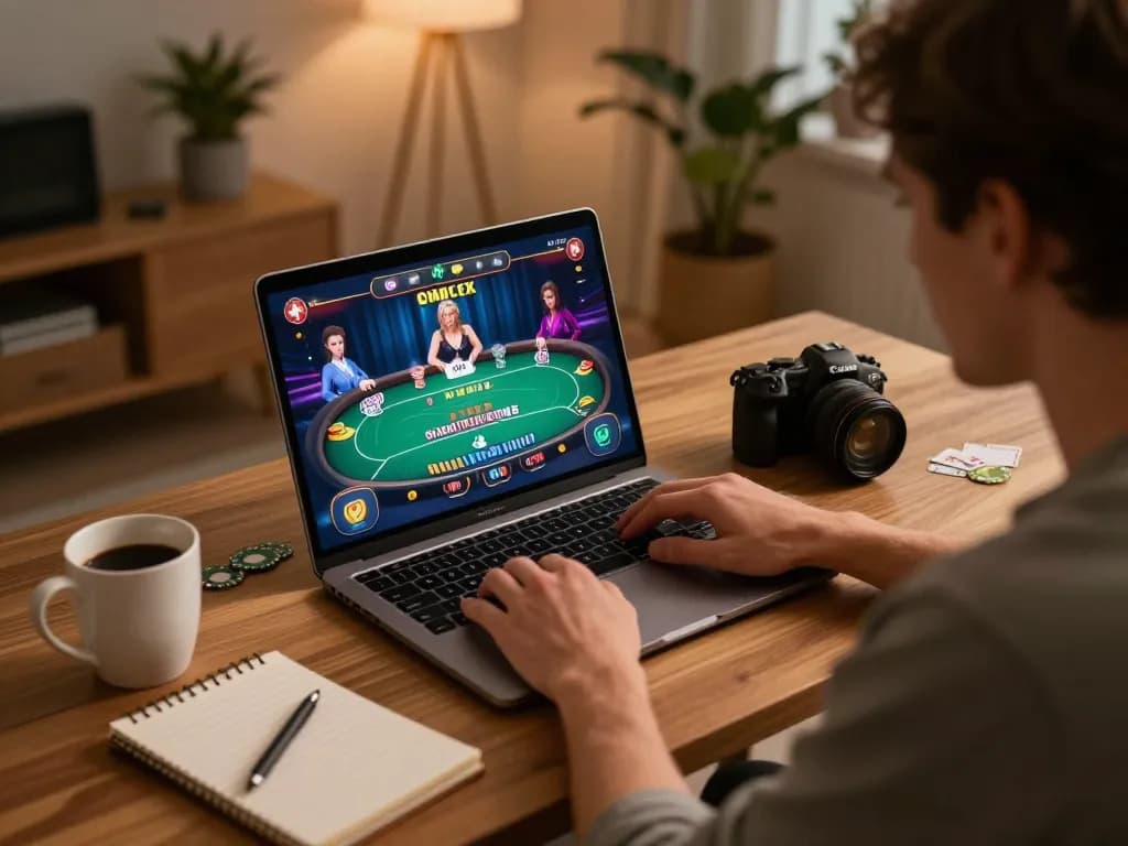 Engaged player strategizing in lode88 online poker game at home with focused intensity