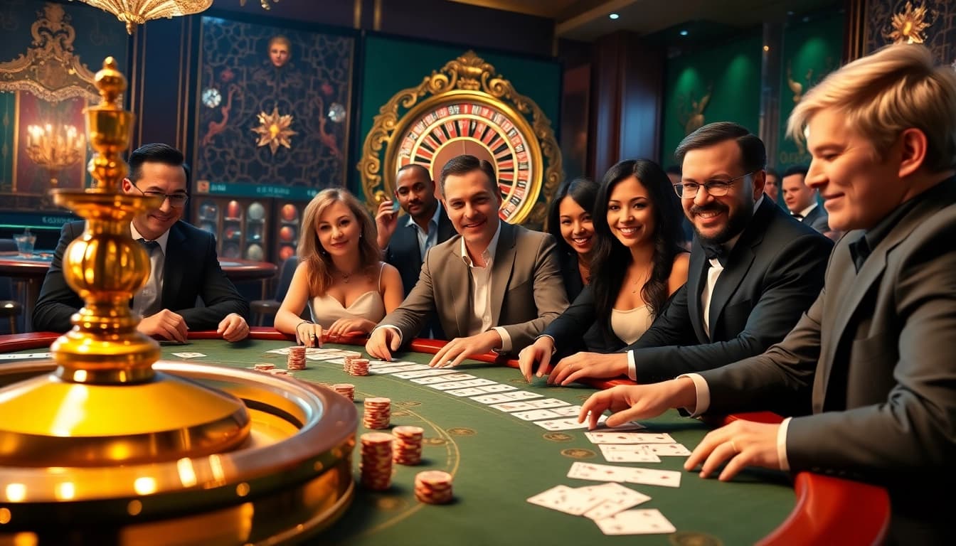 Experience high-stakes gambling with i9bet at an elegant poker table featuring excited players and vibrant chips.