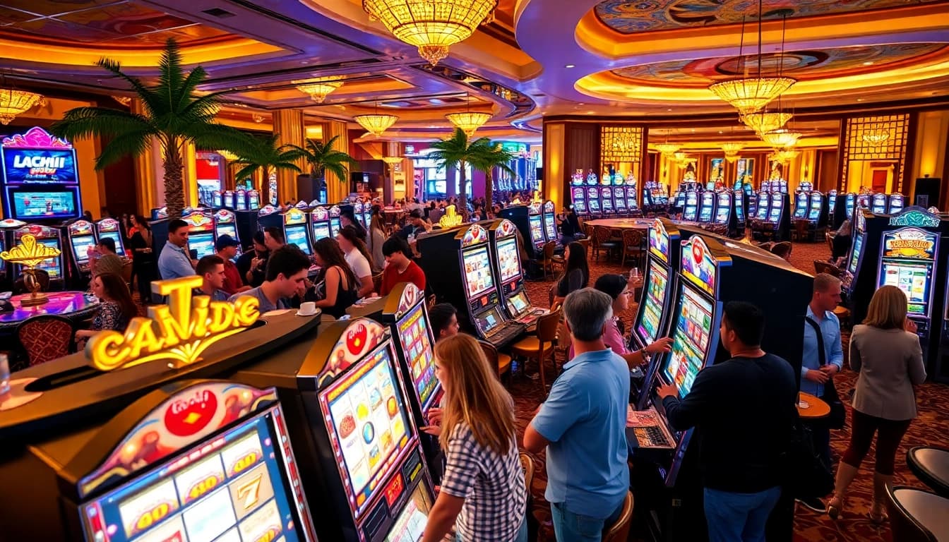 Players enjoying their spins on slot machines in a vibrant casino atmosphere.