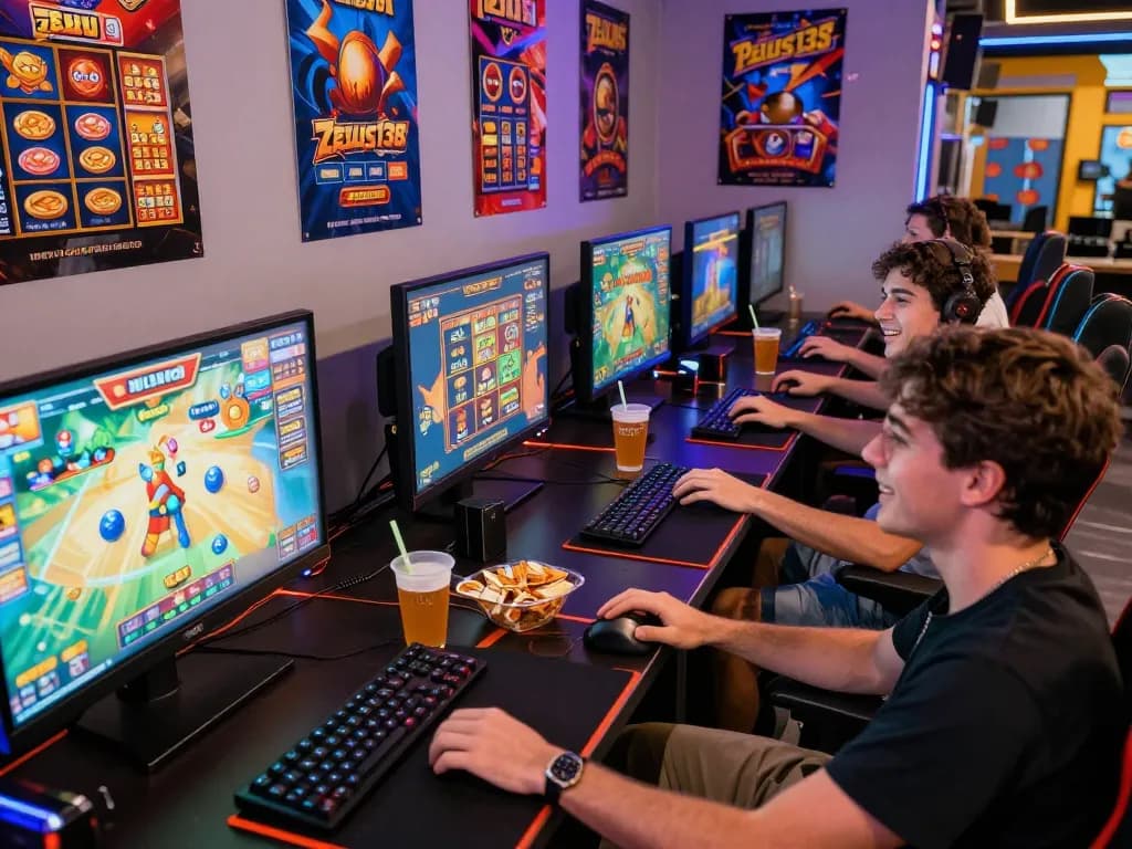Friends enjoying an engaging gaming session, highlighting the excitement of playing Zeus138 online slots in a lively atmosphere.