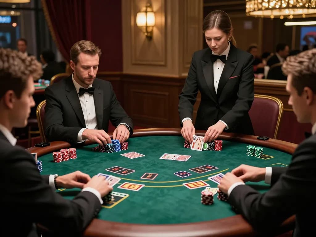 MM88 players strategizing in an upscale blackjack game with professional dealer at the table.