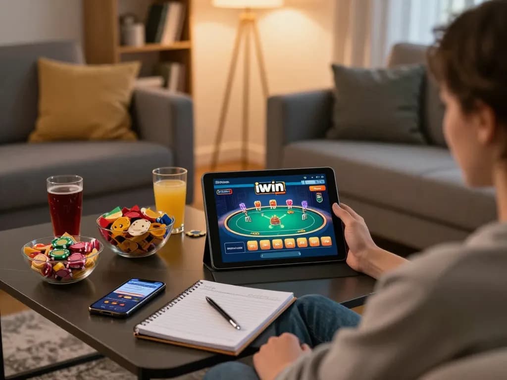 iwin online poker session on tablet with cozy home ambiance depicting responsible gambling practices