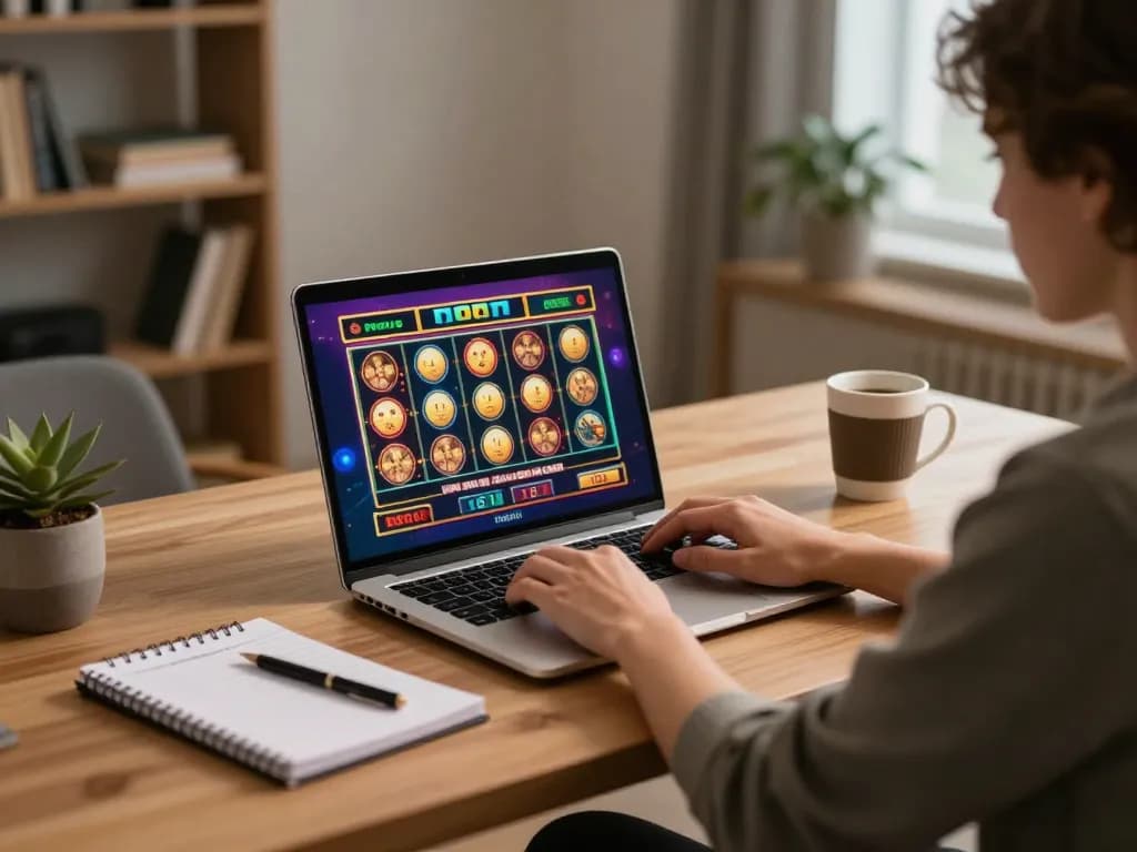 Engaging in online casino USA gameplay with vibrant slot machine interface on laptop at home.