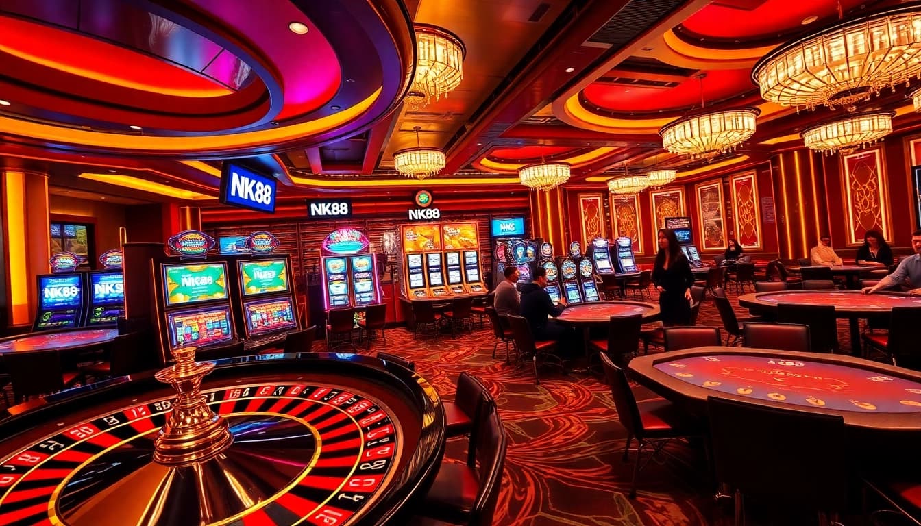 Players enjoying high-stakes gaming at NK88's luxurious casino tables, highlighting excitement and engagement.