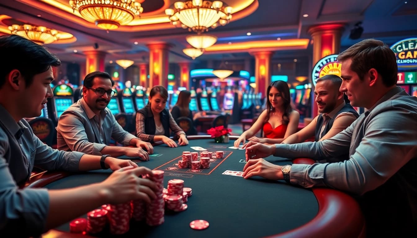 Players strategizing in an exciting poker game at 8kbet, surrounded by luxury and thrill.