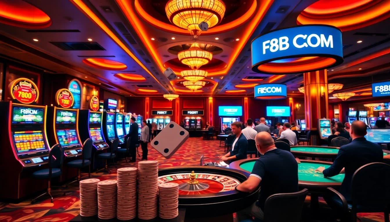 Exciting gameplay at F8BET COM casino with vibrant slot machines and roulette tables.