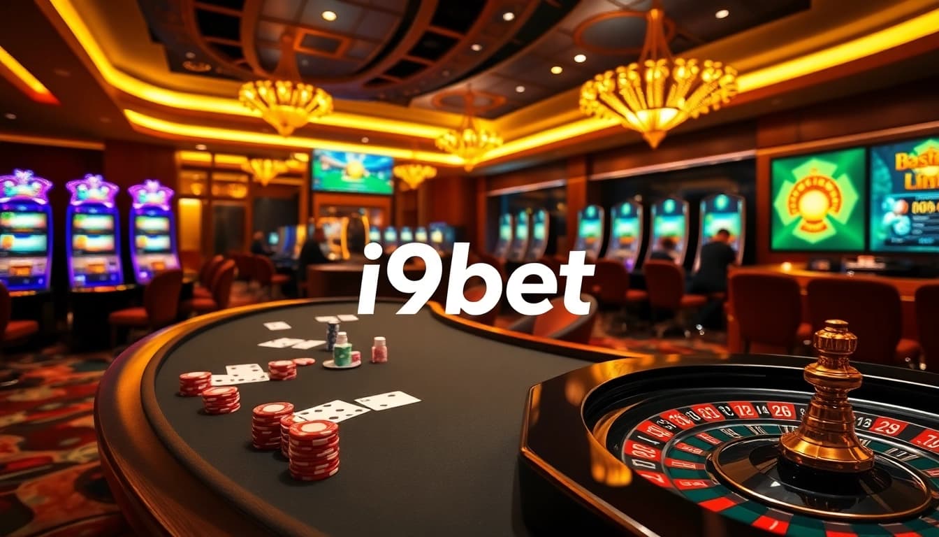 i9bet players engaging in a thrilling casino experience with vibrant slot machines and poker tables.