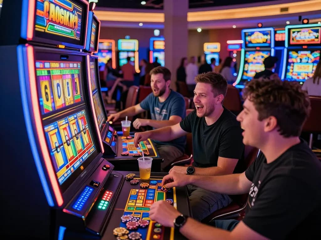 Players enjoying exciting moments at Lucky 88 slot machine in vibrant casino atmosphere.