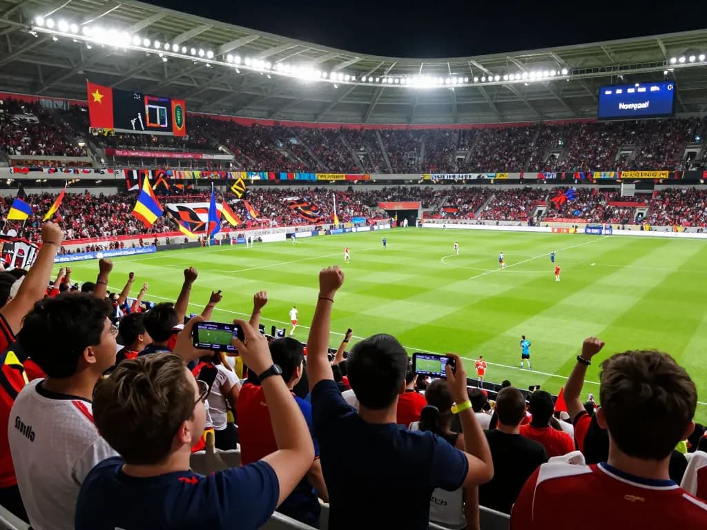 Fans cheering for their team while checking live scores on Nowgoal during an exciting football match.